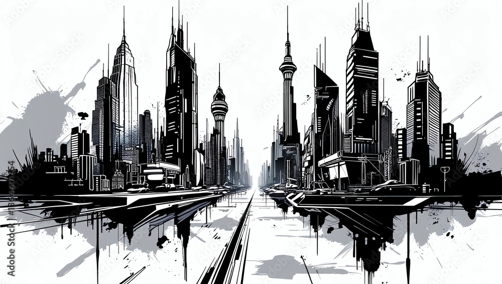 Fototapeta premium Urban Sketch: A Monochromatic Metropolis