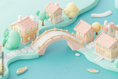 A stylized 3D river town with pastel houses, bridges, and lush greenery winding through a tranquil landscape. A whimsical diorama evoking serenity, community, and storybook exploration.
