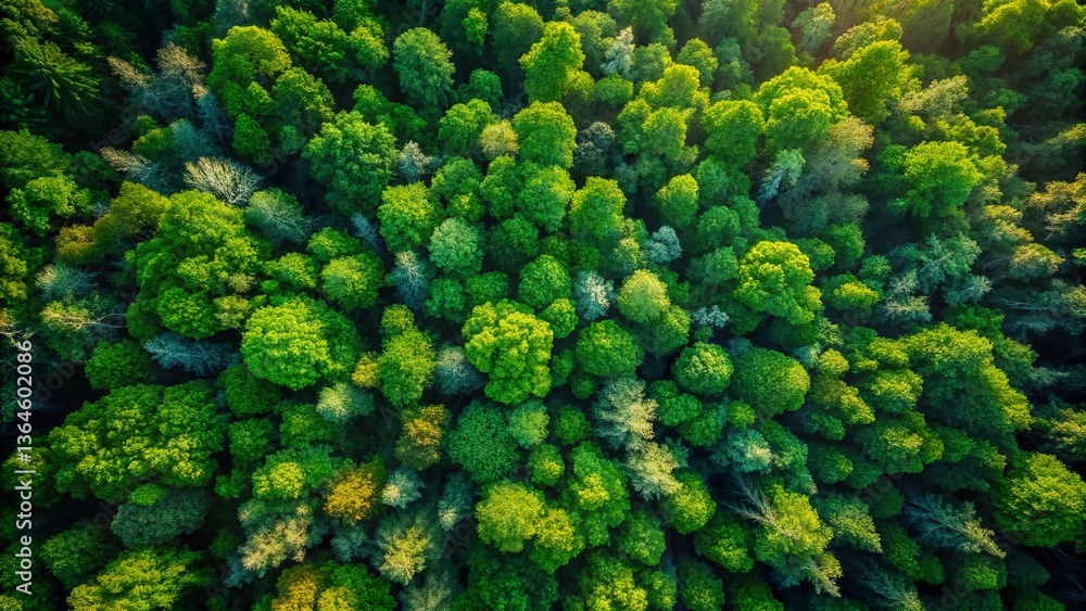 Naklejka premium Aerial Drone View Lush Green Forest Canopy, High-Resolution Nature Stock Photo