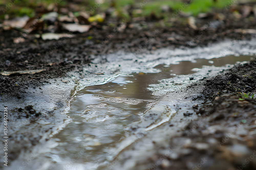 Fototapeta premium Tranquil reflection on a muddy path after rainfall, nature's beauty