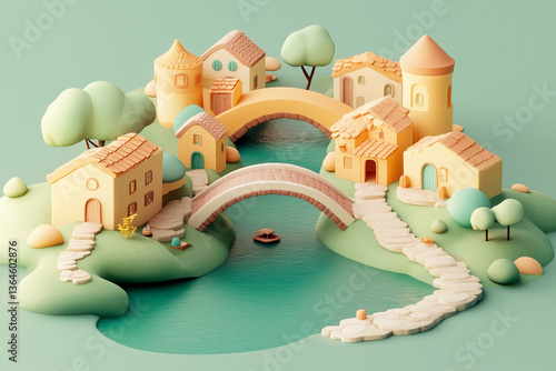 A stylized 3D river town with pastel houses, bridges, and lush greenery winding through a tranquil landscape. A whimsical diorama evoking serenity, community, and storybook exploration.
