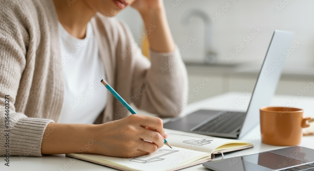 Asian female adult writing in notebook while using laptop at home Asian female adult writing in notebook while using laptop at home
