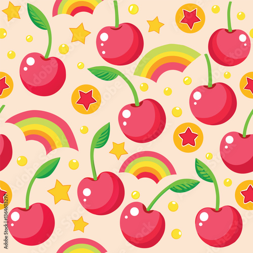Red cherry radian with rainbow golden ball and red star in golden ball , cream color background. Vector Seamless pattern.