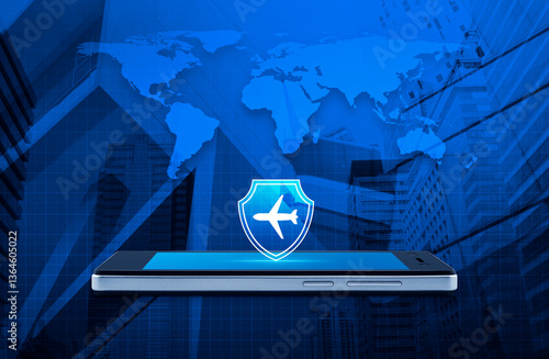 Fototapeta Naklejka Na Ścianę i Meble -  Airplane with shield icon on modern smart mobile phone screen over world map, city tower and skyscraper, Business travel insurance and safety online concept, Elements of this image furnished by NASA