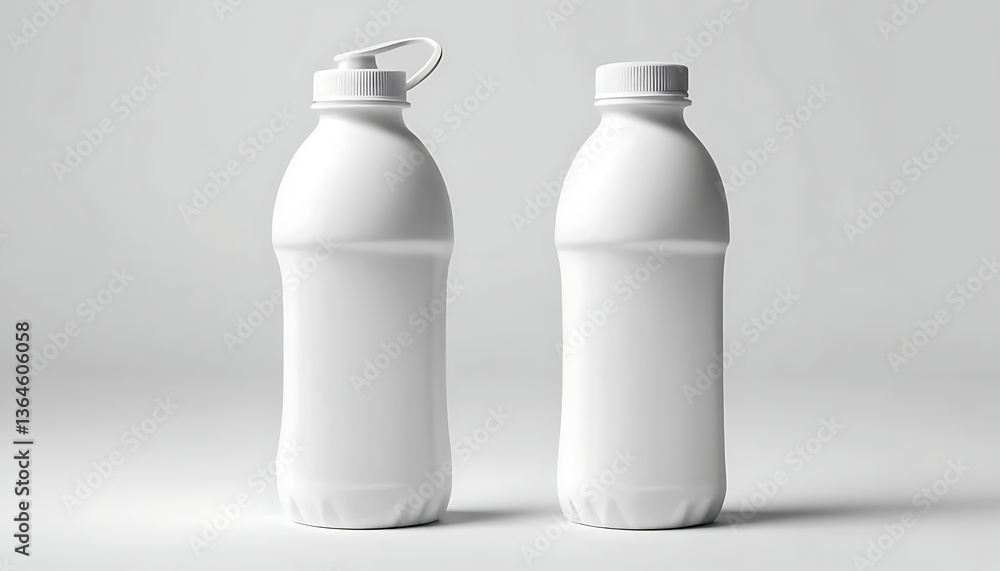 Two white plastic bottles sitting on a white surface simple design Two white plastic bottles sitting on a white surface simple design