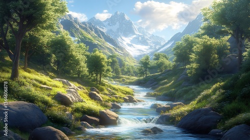 Pure mountain river flowing through green valley under snowy peaks