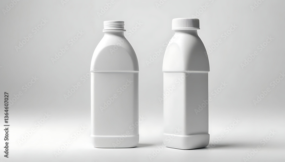 Two White Plastic Bottles on a White Background for Liquid Storage Two White Plastic Bottles on a White Background for Liquid Storage