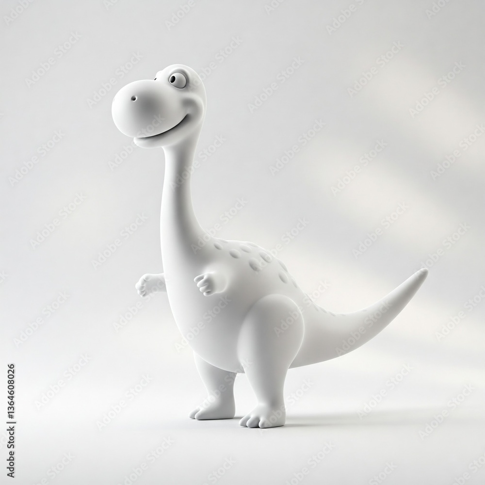 Obraz premium A cute, smiling white cartoon 3D dinosaur with big eyes, standing on four legs