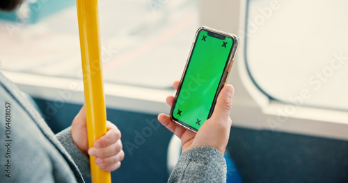 Obraz na plátně Hand, smartphone and green screen in bus, app and user experience with tracking markers on commute