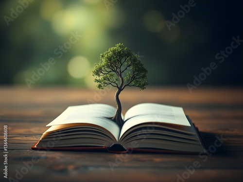 A sapling tree blossoming from an open book, symbolizing knowledge's growth and nature's enduring power, set against a softly blurred background.