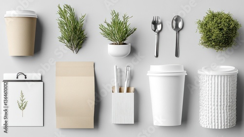 Flat lay of sustainable packaging and tableware.  Simple, eco-friendly items