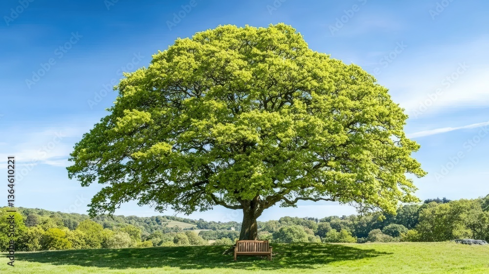 Obraz premium A towering oak tree budding with fresh leaves, a wooden chair beneath it,