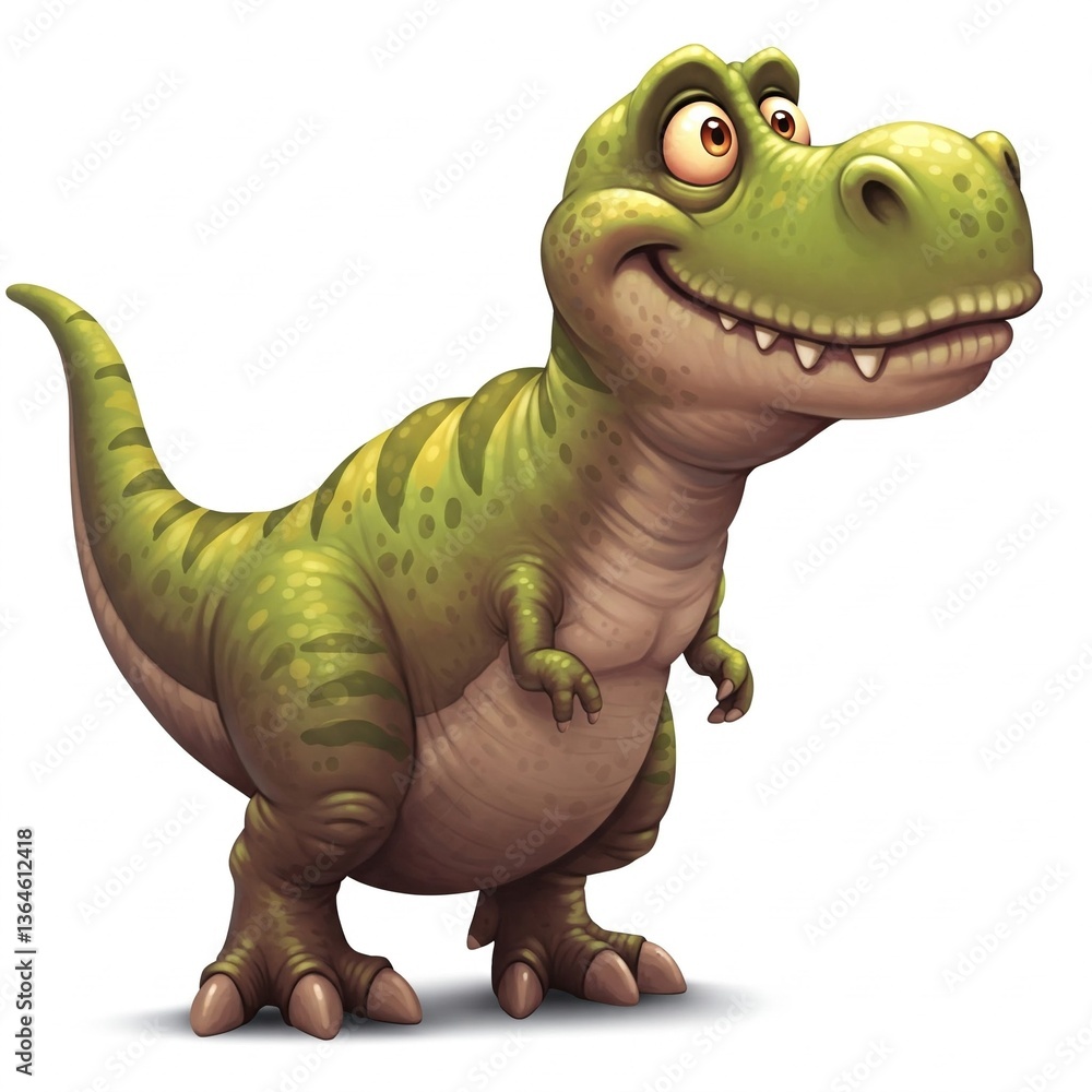 Fototapeta premium Cartoon green dinosaur with big eyes and a wide smile, standing on two legs with a striped tail and small arms.