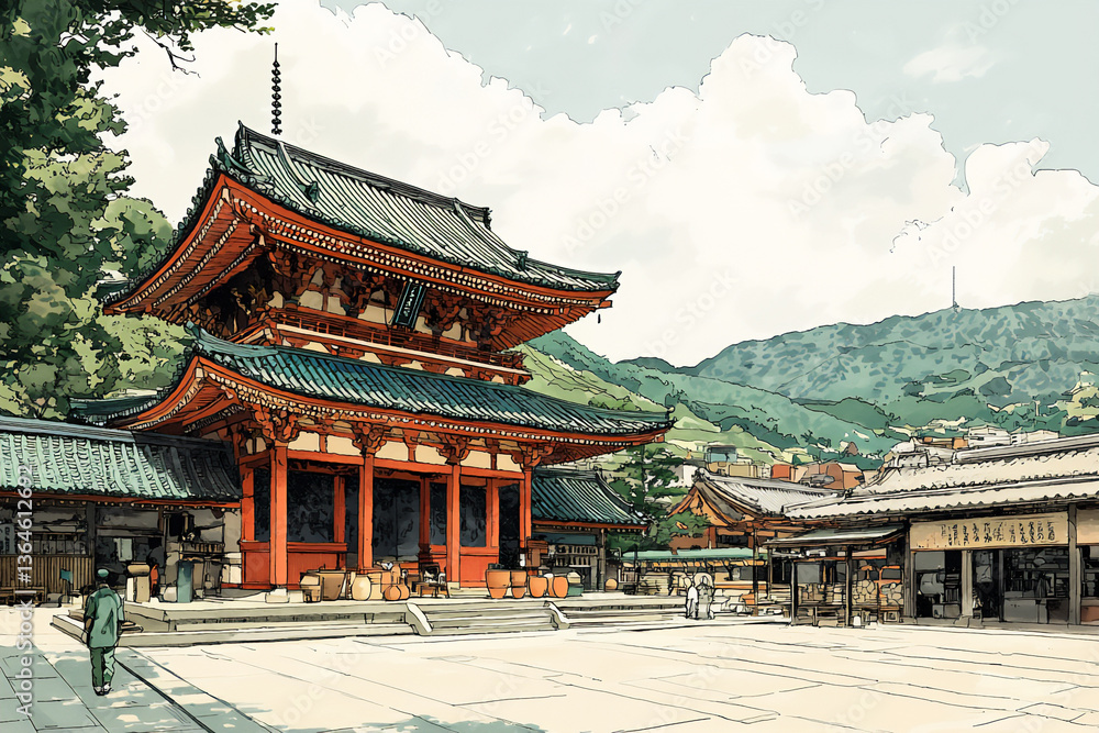 Naklejka premium temple and city with a traditional pottery workshop