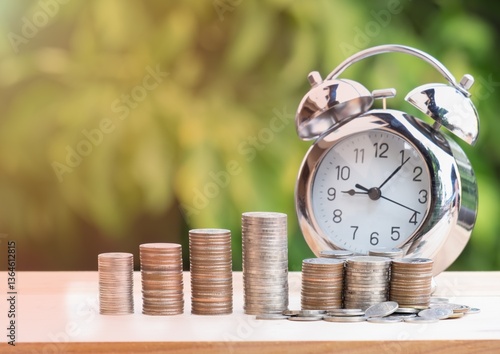 time is money concept for wallpaper background. Best for wallpaper background business concept. vector illustration clock and coins pattern.