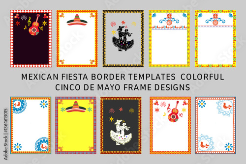 Mexican Fiesta Border Templates Colorful Cinco de Mayo Frame Designs.