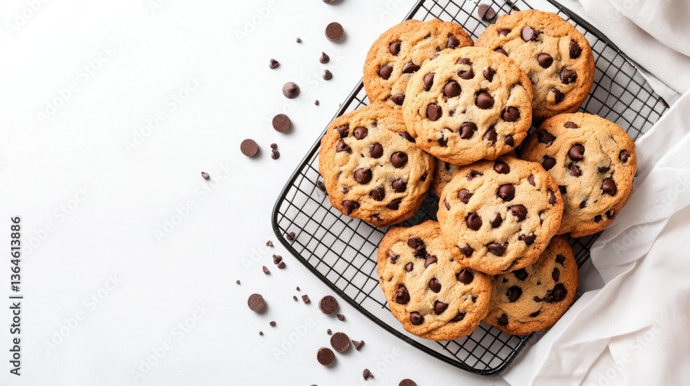 Top view of chocolate chip cookies on a wire tray with scattered crumbs and napkins Top view of chocolate chip cookies on a wire tray with scattered crumbs and napkins