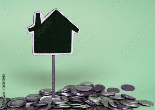 House and coins with green wallpaper background. Vector illustration with house and coins with aesthetic wallpaper background. 