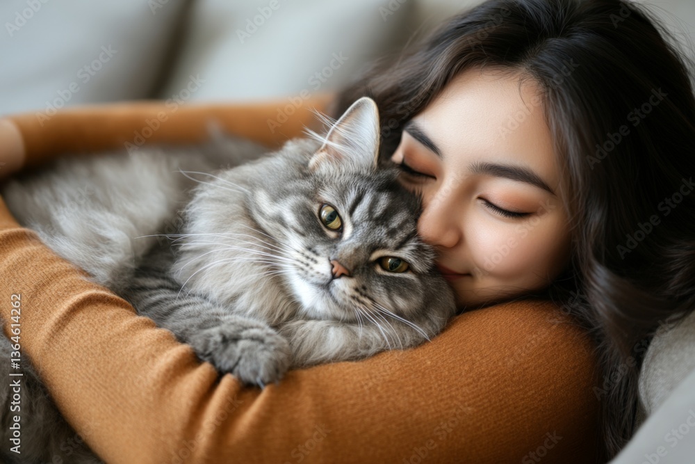 Woman cuddling a grey fluffy cat while relaxing on a couch in a cozy living room during the afternoon Woman cuddling a grey fluffy cat while relaxing on a couch in a cozy living room during the afternoon