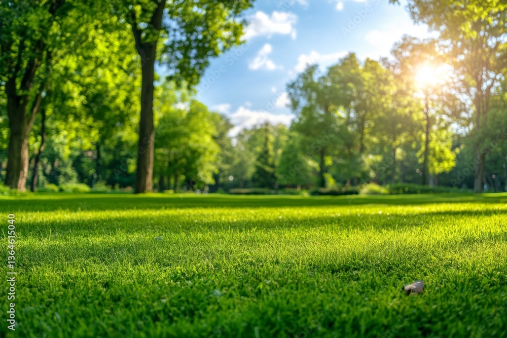 Vibrant green grass illuminated by sunlight in a serene park setting during late afternoon hours Vibrant green grass illuminated by sunlight in a serene park setting during late afternoon hours