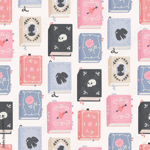 Cute seamless pattern with cartoon books. Hand-drawn texture with different vintage books' covers. Vector background for wrapping paper or textile
