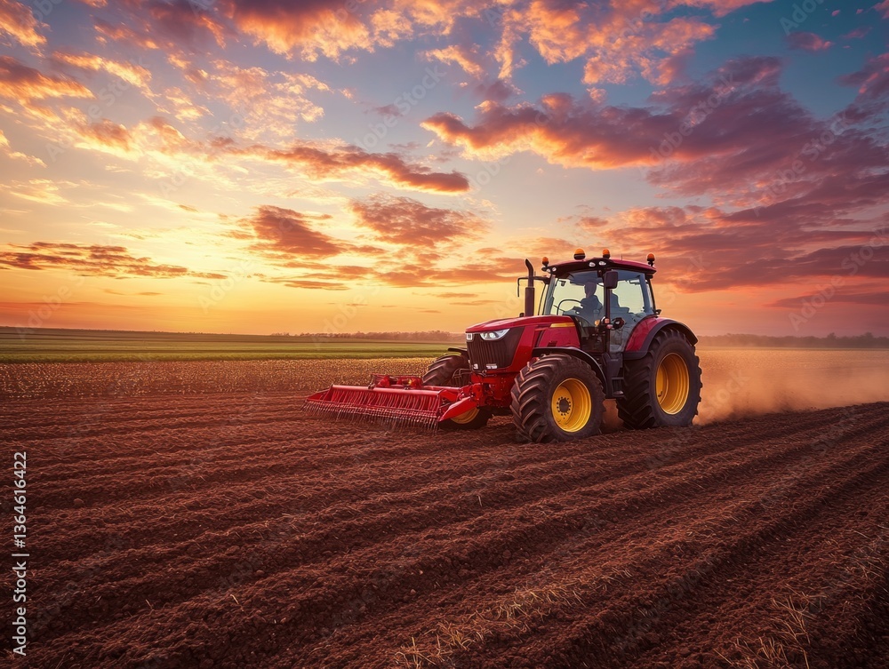 Fototapeta premium Tractor plowing field at sunset with colorful skies