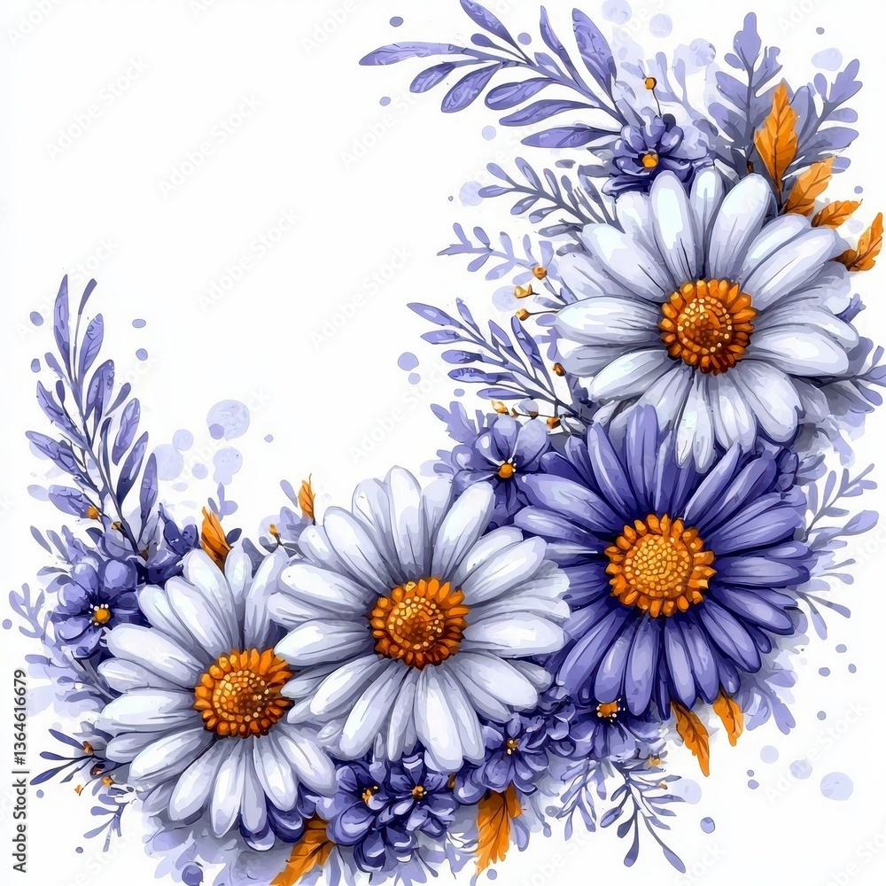 Fototapeta premium Delicate Watercolor Floral Corner Border Lavender and White Daisies