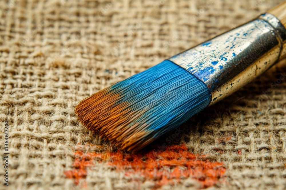 Fototapeta premium Brush with vibrant blue and orange paint resting on textured burlap fabric during an artistic project