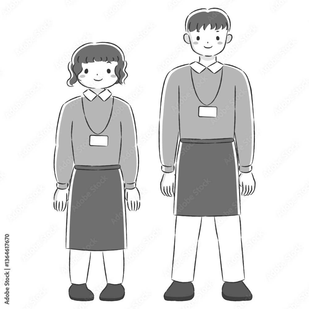 Obraz premium エプロンを付けた笑顔の男女の手描きイラストセット