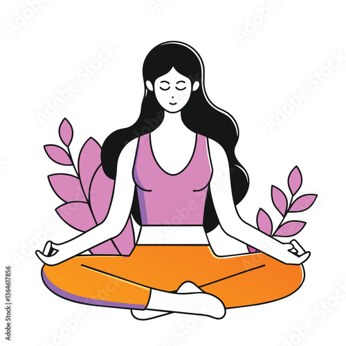 Smiling woman meditating in yoga pose, promoting wellness