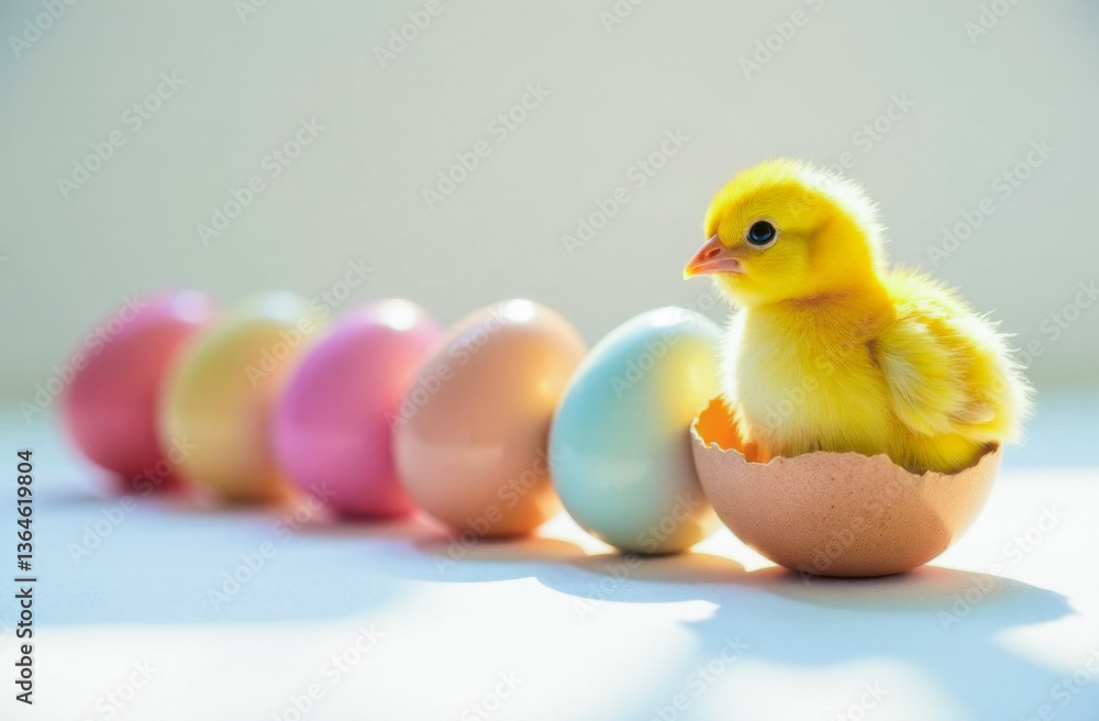 Spring Easter card. Painted Easter eggs in row, yellow chicken hatched from egg. Spring Easter card. Painted Easter eggs in row, yellow chicken hatched from egg.