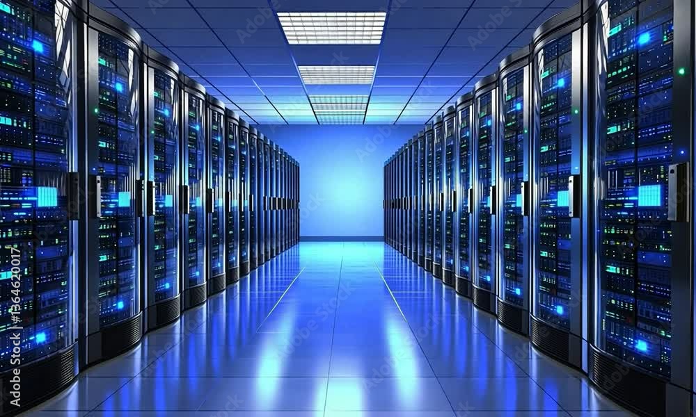 Modern data center with rows of servers illuminated by blue lights, showcasing advanced technology Modern data center with rows of servers illuminated by blue lights, showcasing advanced technology