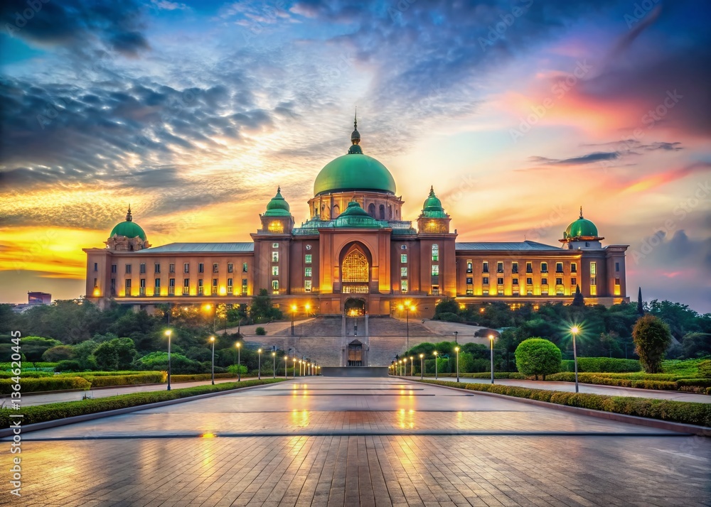 Fototapeta premium Malaysian Government Building Sunrise, Putrajaya Office Exterior, Early Morning Sunlight, Prime Minister's Office, Administrative Center