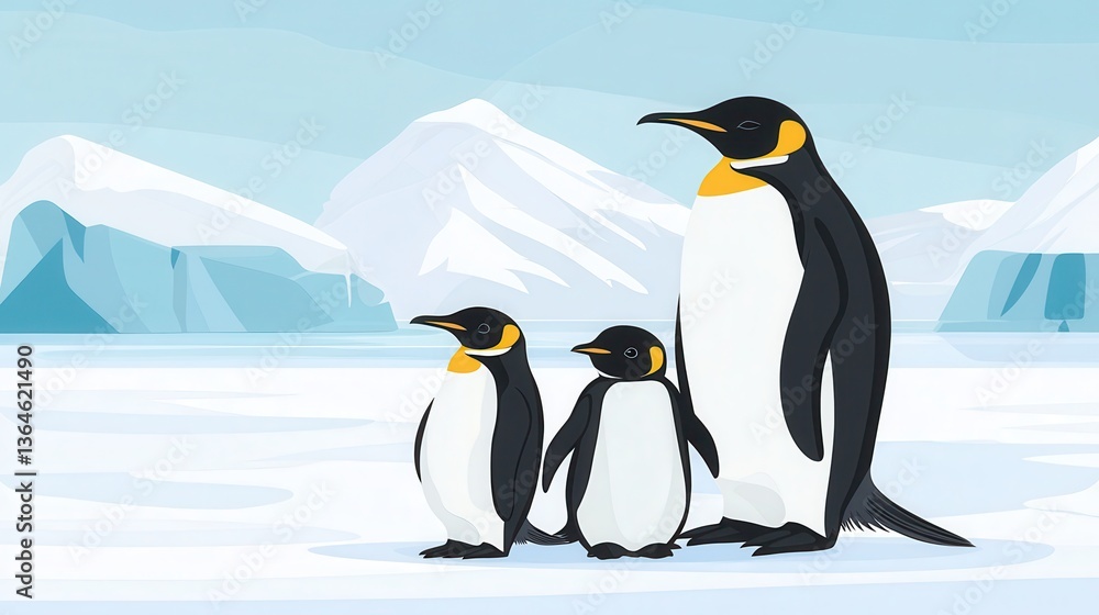 Fototapeta premium King Penguin Family Antarctica Ice Landscape.