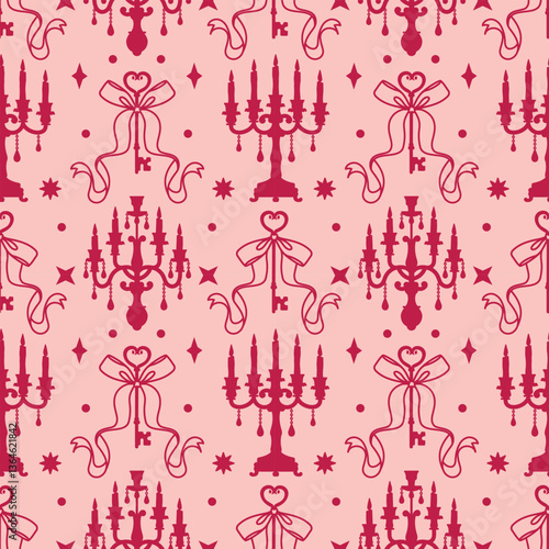 Seamless vector pattern with ornate chandeliers, flirty bows, and vintage candle holders. Sophisticated rococo design ideal for fabric prints, interior decor, and fashion accessories