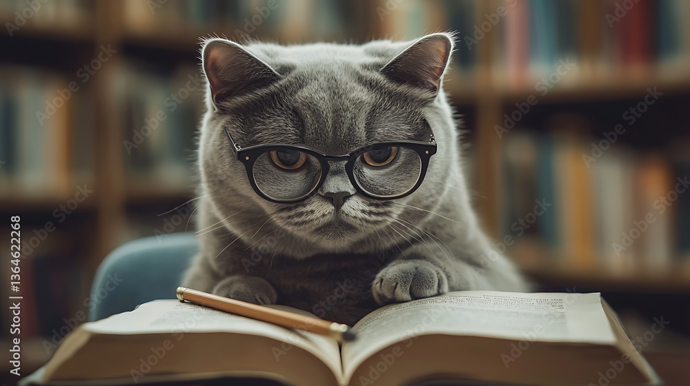 Gray cat wearing glasses, reading a book in a library Gray cat wearing glasses, reading a book in a library