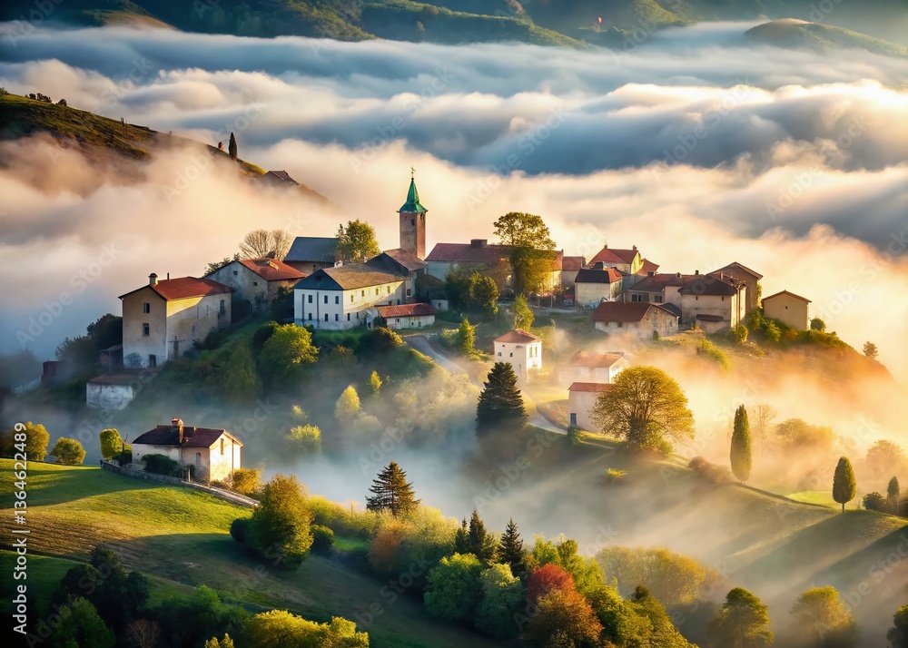 Fototapeta premium Misty Hillside Village Dawn: Serene Rural Landscape Photography