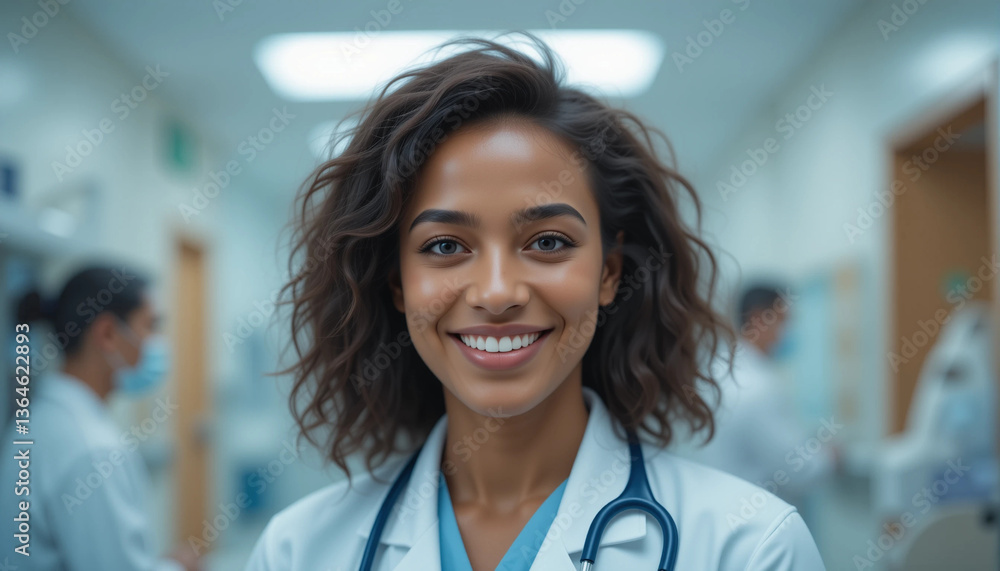 Fototapeta premium Portrait of smiling doctor in hospital doctor, hospital, stethoscope, medicine, health, medical, healthcare, smiling, office, clinic, nurse, care,