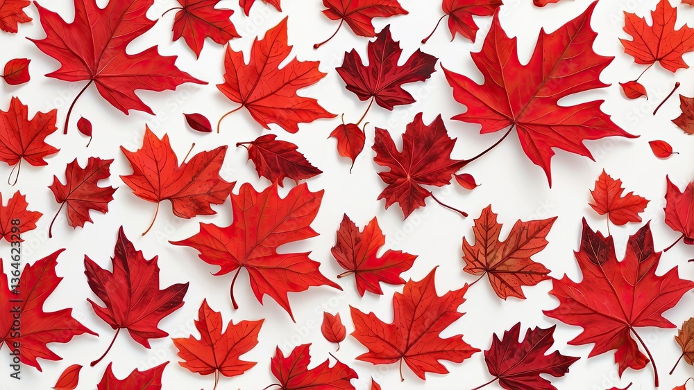 A seamless pattern featuring an arrangement of various red maple leaves scattered against a white background A seamless pattern featuring an arrangement of various red maple leaves scattered against a white background