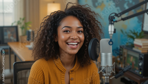 Joyful multiethnic woman recording live podcast with a beautiful smile 