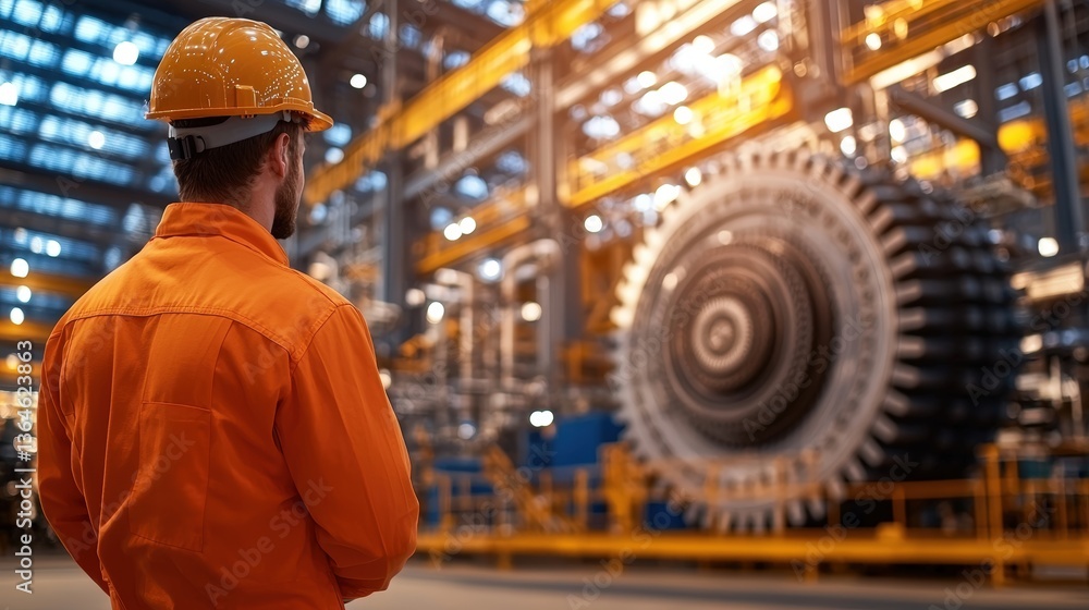 A worker in an orange jumpsuit and helmet observes large machinery in a factory setting, highlighting industrial processes and safety, Green Technology. A worker in an orange jumpsuit and helmet observes large machinery in a factory setting, highlighting industrial processes and safety, Green Technology.