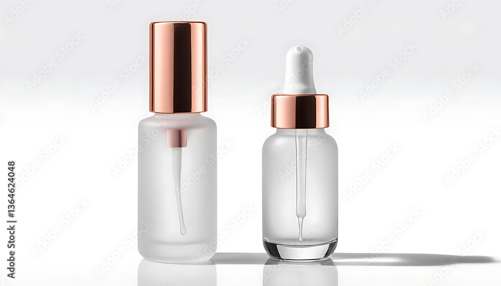 Cosmetic serum bottles mockup with dropper caps on white surface Cosmetic serum bottles mockup with dropper caps on white surface