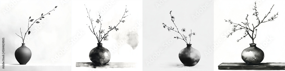collection of minimalist vases featuring delicate branches and leaves, showcasing beauty of simplicity and nature elegance