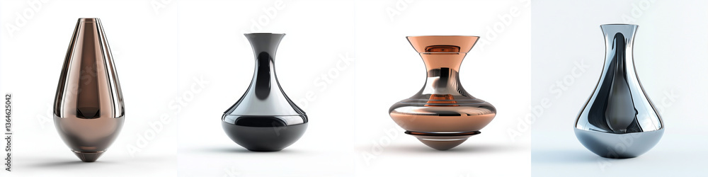 Sleek and modern vases with sci fi aesthetic, showcasing unique shapes and reflective surfaces that create captivating visual appeal