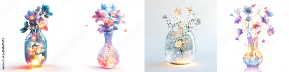 surreal collection of levitating vases filled with floating flowers, showcasing vibrant colors and ethereal beauty