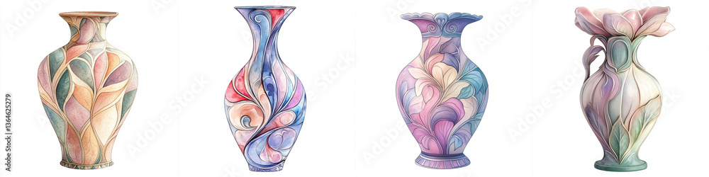 Art Nouveau vases with flowing organic lines showcase intricate designs and vibrant colors, evoking elegance and creativity
