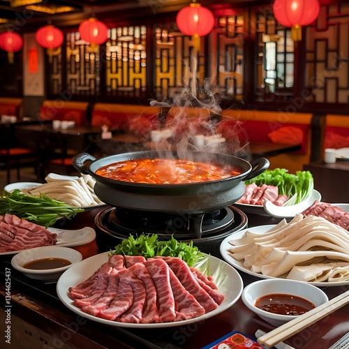 Spicy Sichuan Hot Pot with Assorted Ingredients in a Traditional Chinese Restaurant