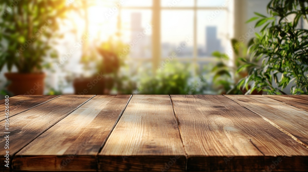 Rustic Wooden Table Surrounded by Sunlit Urban Window Views and Lush Green Potted Plants Creating a Cozy and Inviting Atmosphere for Relaxation Rustic Wooden Table Surrounded by Sunlit Urban Window Views and Lush Green Potted Plants Creating a Cozy and Inviting Atmosphere for Relaxation