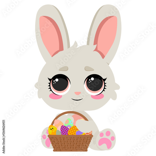 Adorable Easter bunny sitting with a basket full of colorful decorated eggs. Perfect for greeting cards, Easter invitations, holiday decorations, children’s illustrations, stickers, and textile prints