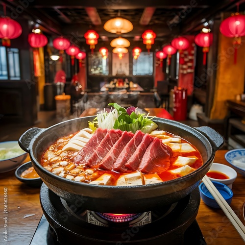 Spicy Sichuan Hot Pot with Assorted Ingredients in a Traditional Chinese Restaurant